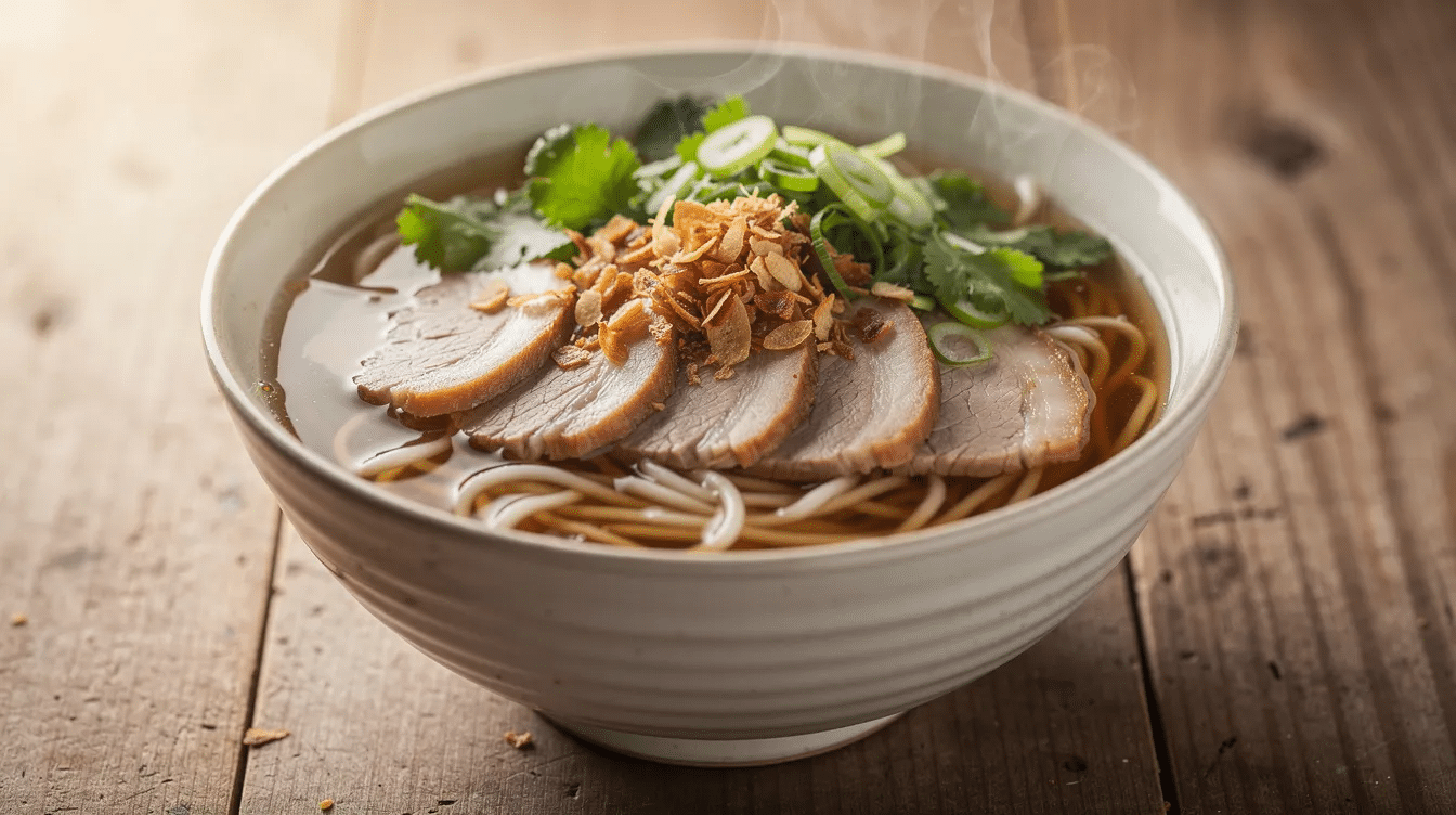 A steaming bowl of rice noodles topped with tender pork slices, fresh herbs, and crispy toppings is placed on a simple wooden table, showcasing a delightful representation of Vietnamese cuisine. This dish embodies the flavors you might encounter while exploring the vibrant food scene in Hoi An, a UNESCO World Heritage site known for its rich culinary traditions.