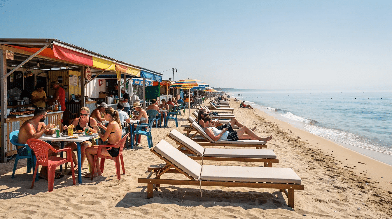 A vibrant beach scene at Bang Beach in Hoi An features casual seafood restaurants with plastic chairs set on soft sand, alongside loungers facing the calm blue water. This picturesque location is perfect for tourists and locals alike to relax, enjoy Vietnamese dishes, and soak up the sun on sunny days.