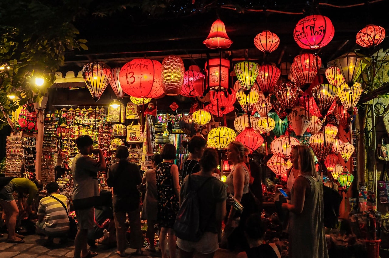 Lanterns lit up in a Hoi An Old Town shop at night
