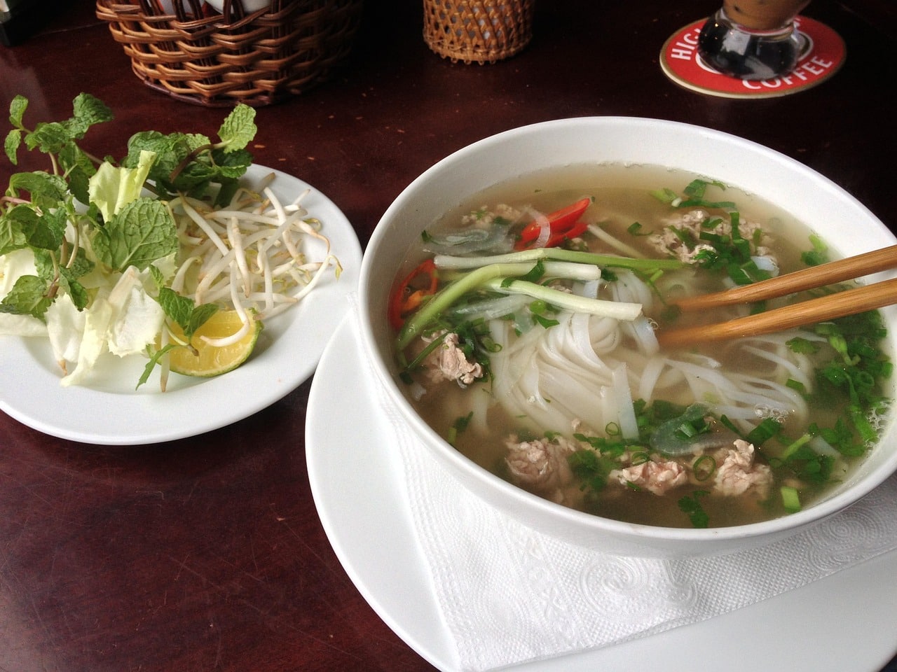 Bowl of pho served at a Vietnamese restaurant