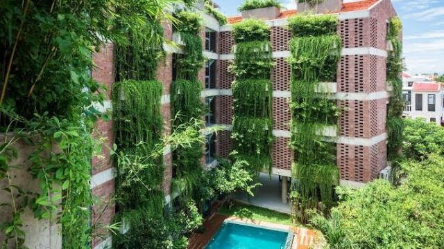A brick building covered with hanging greenery surrounds a small blue swimming pool and lush garden.