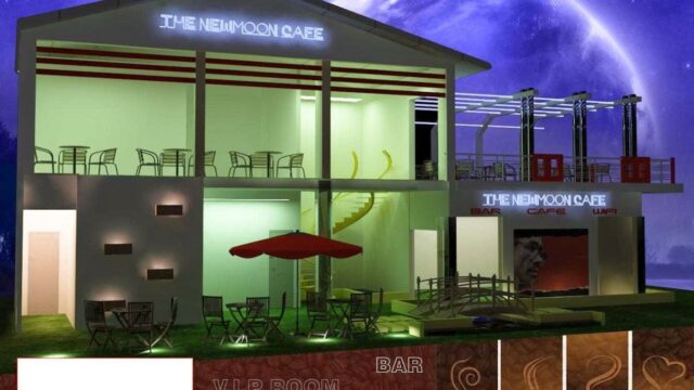 Two-story modern cafe at night in Hoi An with outdoor seating, neon signs, and images of steaming coffee cups below.