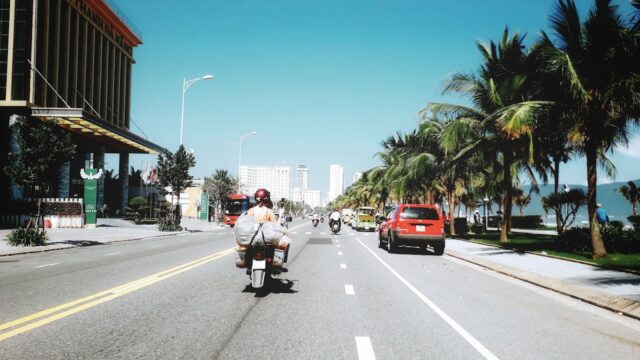 Enjoy an Easy Rider adventure as a person cruises a motorbike down a sunny, palm-lined city street with cars and buildings in view.