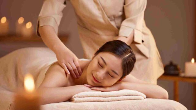 Woman lying on a massage table, receiving a shoulder massage in the relaxing, candle-lit ambiance of Four Leaf Clover Spa.
