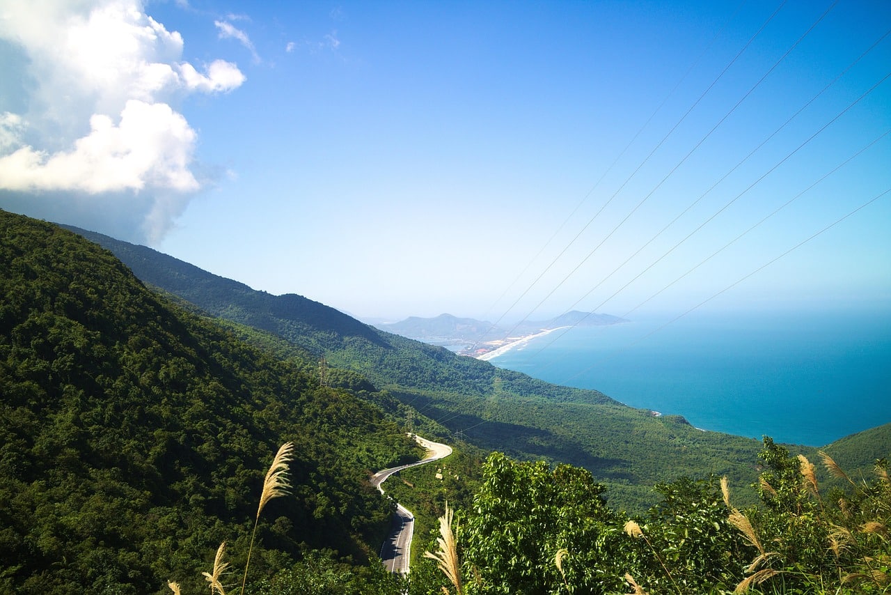 The Hai Van Pass winding above the coastline between Da Nang and Hue