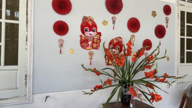 Wall with red Lunar New Year decorations and a vase of orange flowers on a wooden table, evoking the charm of Hoi An.