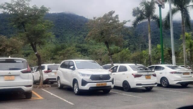 Cars parked in a lot with mountains and palm trees in the background on a cloudy day.