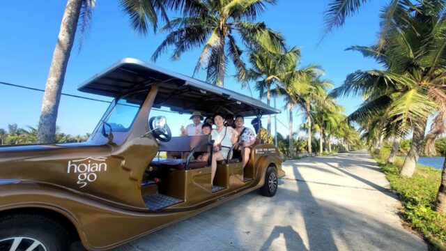 A group smiles in a HoiAnGO E-Taxi, touring under palm trees on a sunny tropical road in Hoi An.