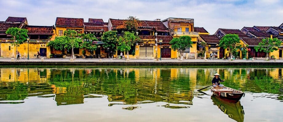 Hoi An old town reflected in the Thu Bon River, Vietnam