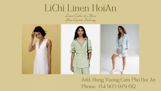 Three women modeling stylish linen outfits in Hoi An, with contact details for LiChi Linen HoiAn at the bottom.
