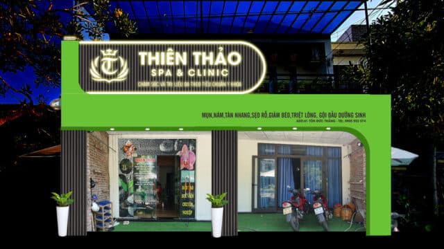 Thien Thao Spa & Clinic storefront with neon sign, glass doors, and two motorbikes parked in front.