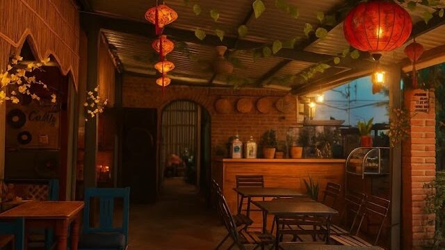 Cozy outdoor café in Hoi An with colorful lanterns, wooden tables and chairs, warm lighting, and green vines hanging from the ceiling.