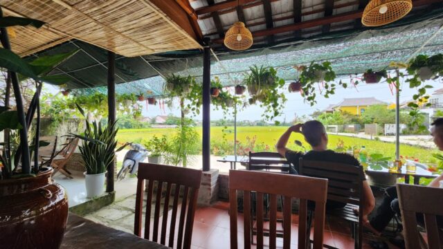 Open-air cafe in Hoi An with wooden chairs, hanging plants, and two people relaxing, overlooking a green field and distant houses.