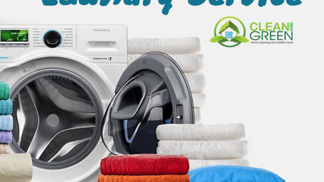 Front-loading washing machine in Hoi An with stacked towels; Laundry Service and Clean and Green logos are displayed.
