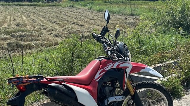 A red and white motorcycle parked on a rural Hoi An roadside beside green fields under a clear blue sky.