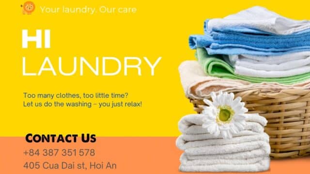 A laundry ad in Hoi An with folded towels, a flower, contact info, and “Too many clothes, too little time? We do the washing!”