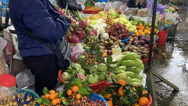 A vendor in a raincoat sells fresh fruits at a busy Hoi An outdoor market on a wet day.