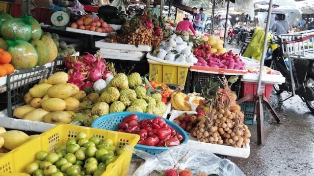 Fresh fruits displayed at a busy Hoi An outdoor market stall on a rainy day, with wet ground and colorful produce.