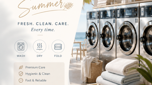 Modern Hoi An laundromat with washing machines, folded towels, palm plants, ocean view. Business hours and contact info displayed.