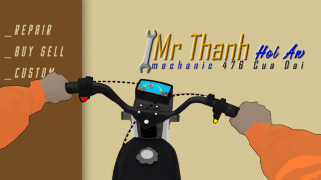 Illustration of hands on a motorbike’s handlebars in Hoi An, with Mr Thanh Hoi An mechanic contact info displayed on the wall.