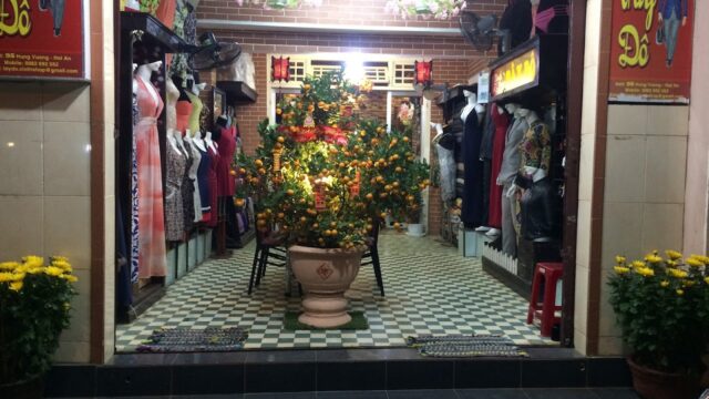 Hoi An clothing shop entrance features a potted orange tree, chic dresses on mannequins, and glowing lights above.