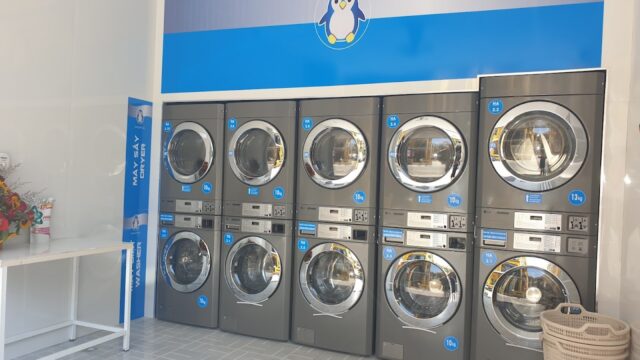 Eight front-loading washing machines in a Hoi An laundromat with a blue penguin logo above them.