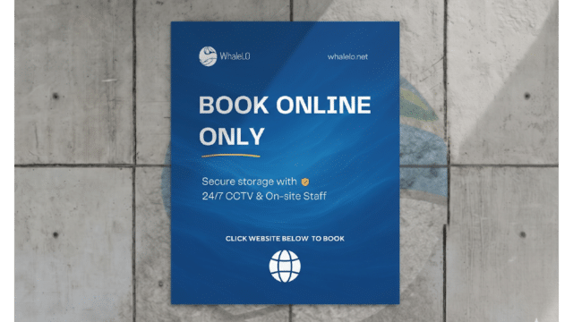 Blue sign reads: Book Online Only in Hoi An. Secure storage with 24/7 CCTV & On-site Staff. Click website below to book.