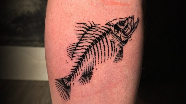 Fine-line blackwork fish skeleton tattoo on a calf by Tattoo Station Hoi An